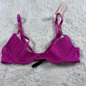 Victorias Secret Very Sexy Unlined Plunge Bra Magenta Logo Lace Size XS 11227014